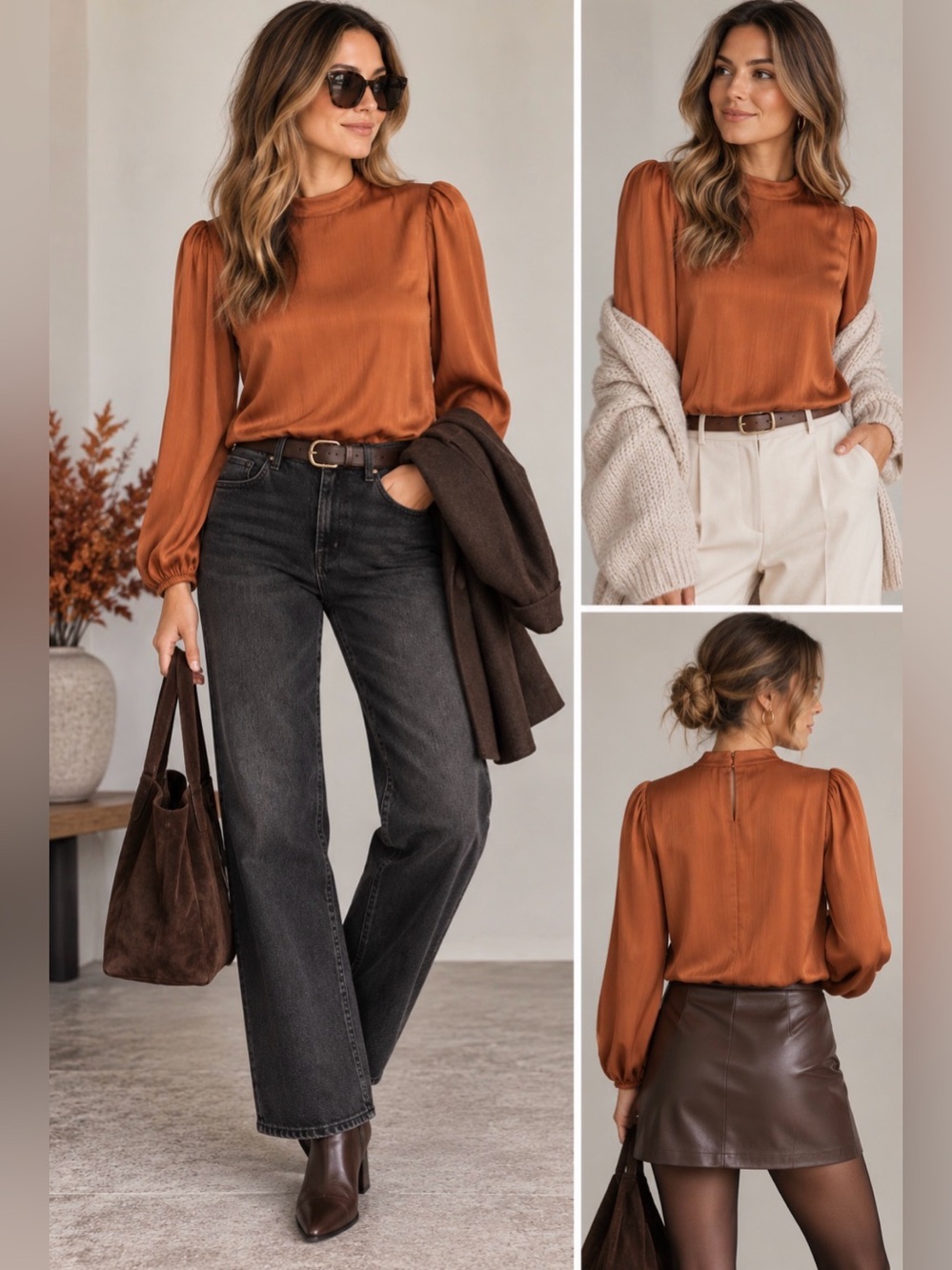 Pleione Rust Copper Blouse Long Sleeve Pleated Neck Size L
